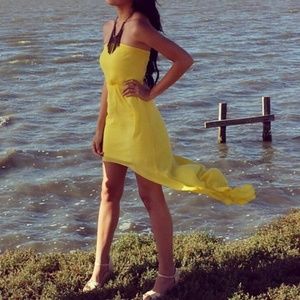 Yellow high low strappless dress